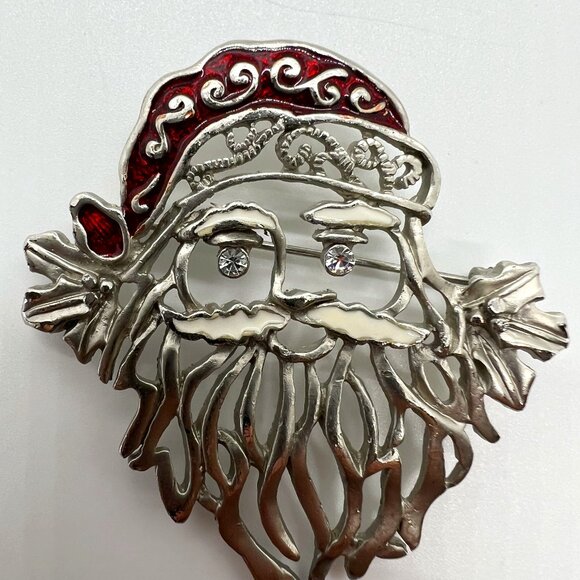 Vintage Santa Clause Brooch Pin with Rhinestone Eyes Silver Tone Holiday Piece - Picture 1 of 8